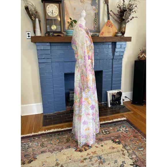 Vtg GILBERTS TALLY Sheer Floral Chiffon Pintuck Garden Party Wedding Maxi Dress - Picture 5 of 16